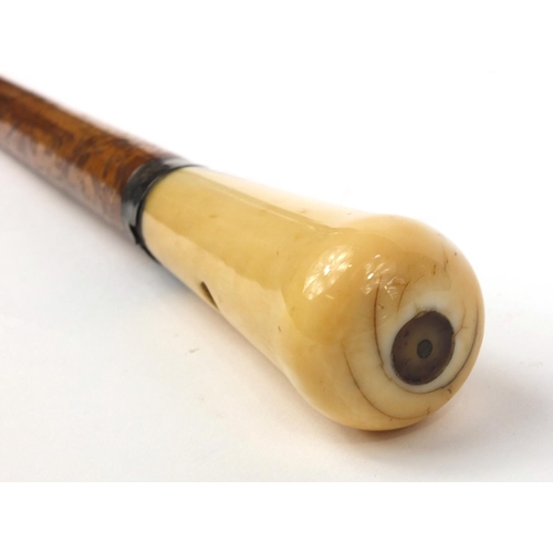 70 - Malacca walking stick with ivory pommel inset with a compass and silver collar, 96cm long