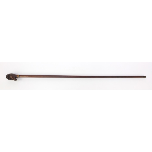 75 - Mahogany walking cane with carved bearded gentleman's head top, 90cm long