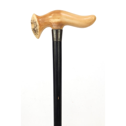 71 - Victorian ivory topped walking stick with silver collar, 86cm long