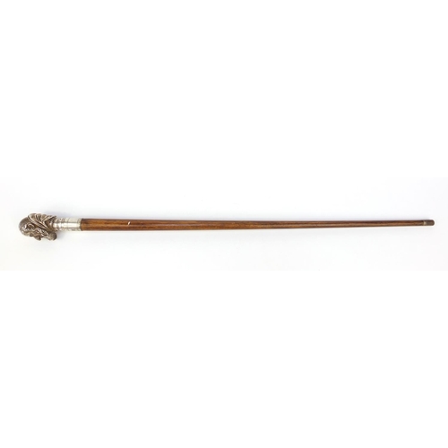 73 - Mahogany walking stick with silver topped Cardinals head, marked 'Sterling', 90cm long