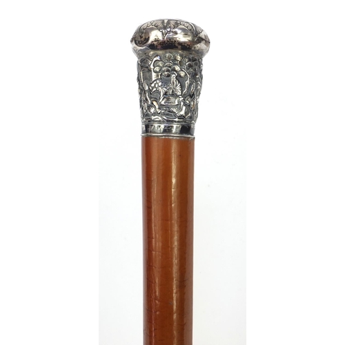 85 - Victorian Malacca cane walking stick with oriental Chinese silver top decorated with figures amongst... 