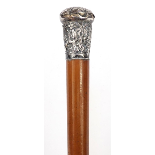 85 - Victorian Malacca cane walking stick with oriental Chinese silver top decorated with figures amongst... 