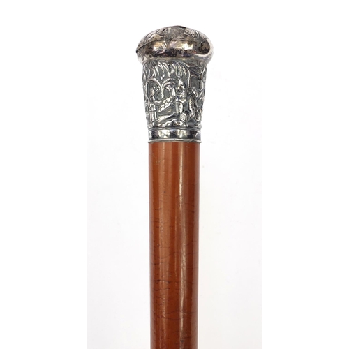 85 - Victorian Malacca cane walking stick with oriental Chinese silver top decorated with figures amongst... 