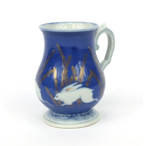 592 - Oriental Japanese Fukagawa porcelain tankard hand painted with a continuous band of rabbits, 7cm hig... 