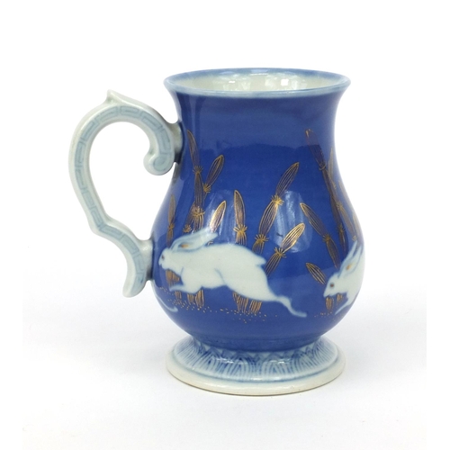 592 - Oriental Japanese Fukagawa porcelain tankard hand painted with a continuous band of rabbits, 7cm hig... 