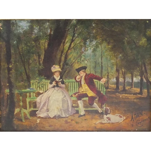 1286 - Oil onto board of a courting couple sitting on a bench, bearing a signature E. Crosnier, gilt framed... 