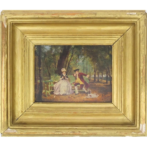 1286 - Oil onto board of a courting couple sitting on a bench, bearing a signature E. Crosnier, gilt framed... 