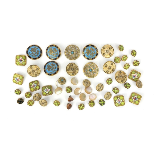 97 - Group of gilt and enamel brass buttons including some with floral decoration and some other mother o... 