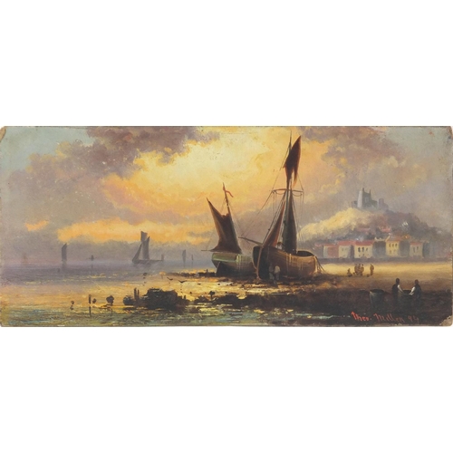 1285 - Theo Miller - Unframed oil onto board view of moored boats and fishermen, numbered H368 to the rever... 