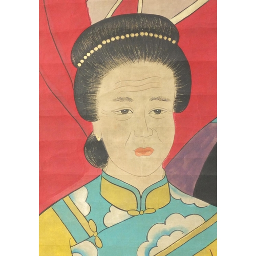 685 - Oriental Chinese scroll hand painted with four figures including an emperor, 194cm x 102cm