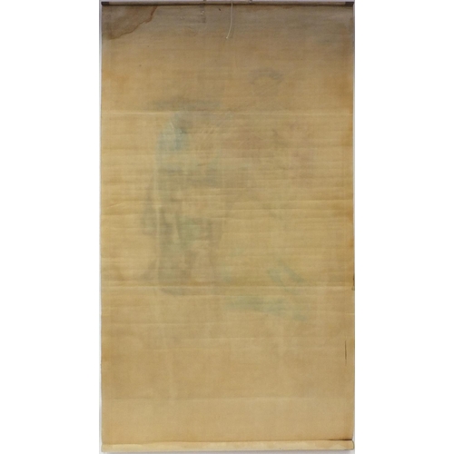 685 - Oriental Chinese scroll hand painted with four figures including an emperor, 194cm x 102cm