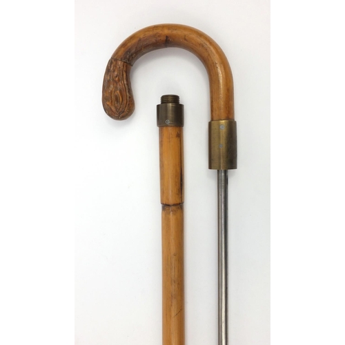 86 - Bamboo walking cane, unscrewing to reveal an geologist's soil sampling stick, the stick 95cm high