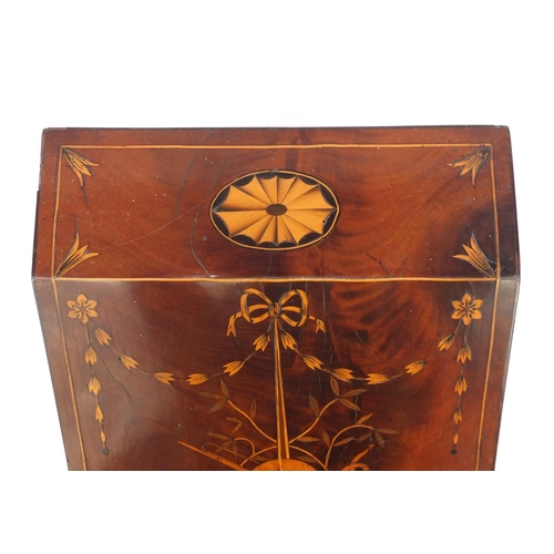 19 - Mahogany stationary box with fitted interior, the lid inlaid with bows, swags and horns, 37cm high x... 