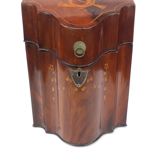 19 - Mahogany stationary box with fitted interior, the lid inlaid with bows, swags and horns, 37cm high x... 