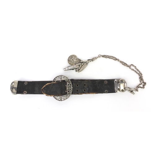 107 - Victorian silver mounted leather belt, together with chatelaine items including a Thornhill silver f... 