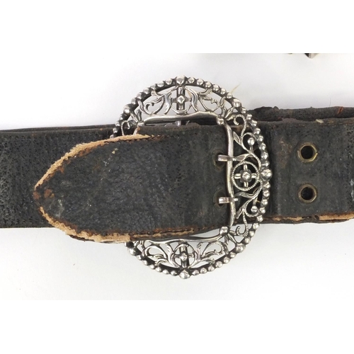 107 - Victorian silver mounted leather belt, together with chatelaine items including a Thornhill silver f... 