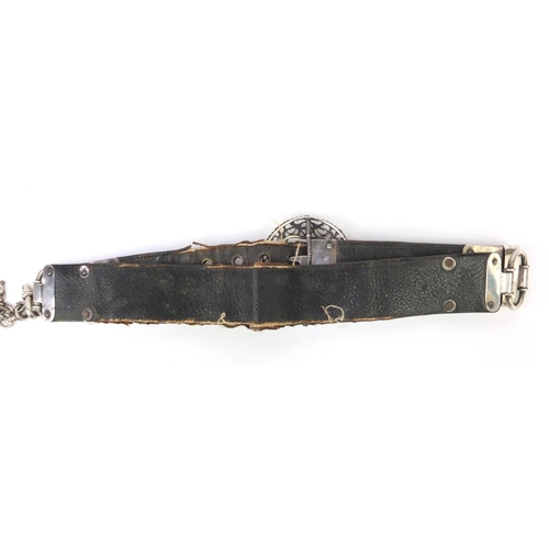 107 - Victorian silver mounted leather belt, together with chatelaine items including a Thornhill silver f... 