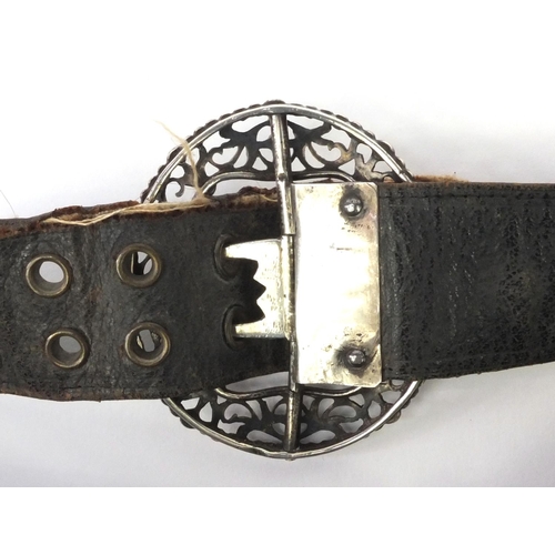 107 - Victorian silver mounted leather belt, together with chatelaine items including a Thornhill silver f... 