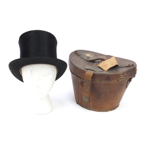 200 - Tress & Co London top hat, together with fitted leather carrying box, the top hat 15cm high