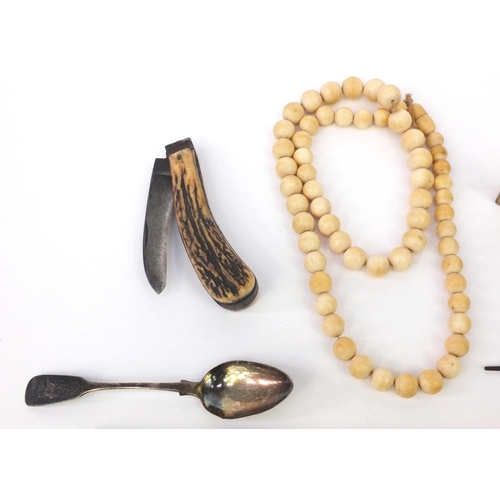 140 - Bag of objects including box wood rules, bone handled corkscrew, ivory beaded necklace, gold plated ... 