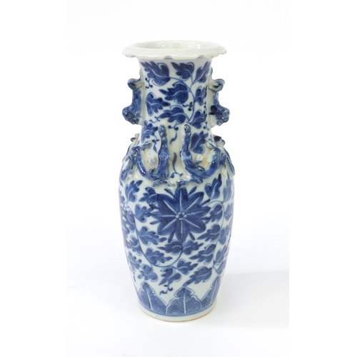 552 - Oriental Chinese porcelain vase hand painted with flowers and with animalia handles, 20cm high