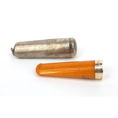 119 - Amber cheroot with 9ct gold mount and silver case, hallmarked Birmingham 1907