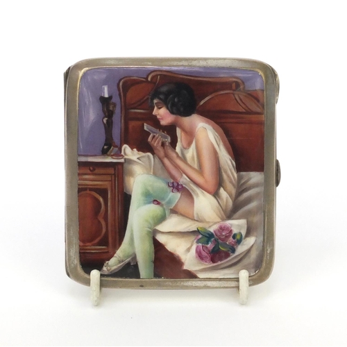 114 - Enamelled white metal cigarette case decorated with ladies seated on a bed, 8.5cm x 8cm