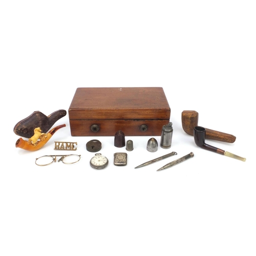 141 - S. Mordan & Co mahogany box containing objects including two pipes, two silver propelling pencils in... 