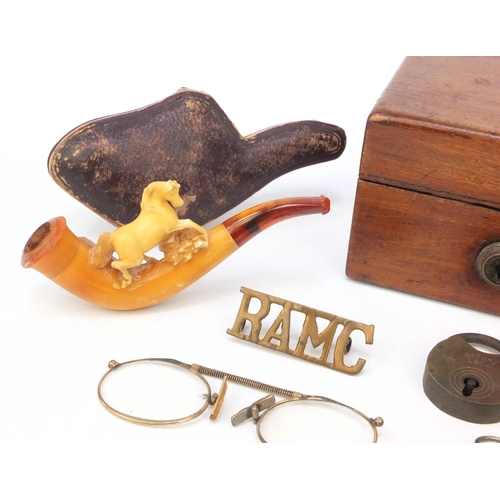 141 - S. Mordan & Co mahogany box containing objects including two pipes, two silver propelling pencils in... 