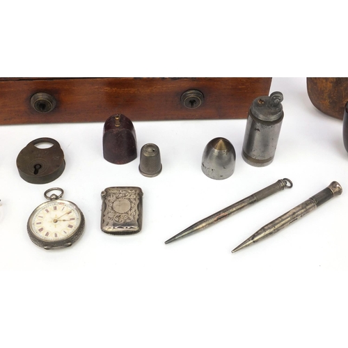 141 - S. Mordan & Co mahogany box containing objects including two pipes, two silver propelling pencils in... 