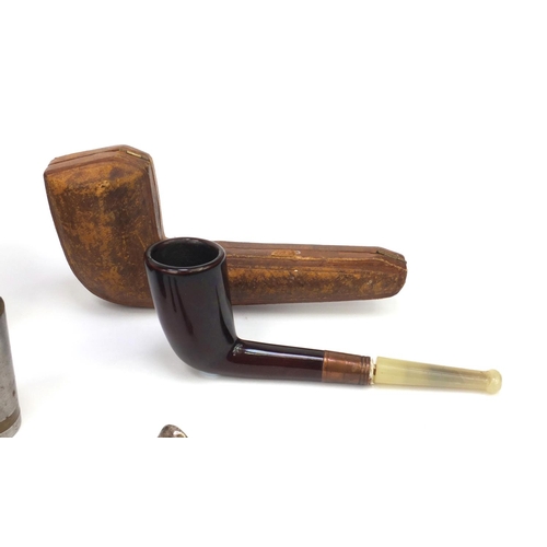 141 - S. Mordan & Co mahogany box containing objects including two pipes, two silver propelling pencils in... 