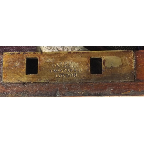 141 - S. Mordan & Co mahogany box containing objects including two pipes, two silver propelling pencils in... 