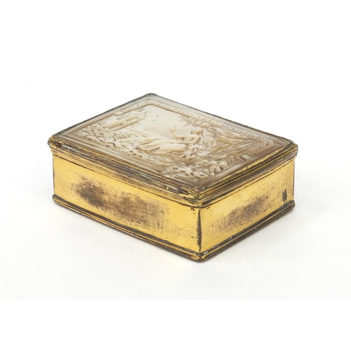 113 - Brass and abalone mother of pearl snuff box, the lid decorated with a figure seated beside a tree, 6... 