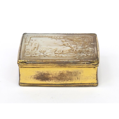 113 - Brass and abalone mother of pearl snuff box, the lid decorated with a figure seated beside a tree, 6... 