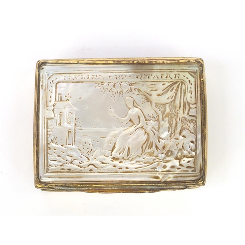 113 - Brass and abalone mother of pearl snuff box, the lid decorated with a figure seated beside a tree, 6... 