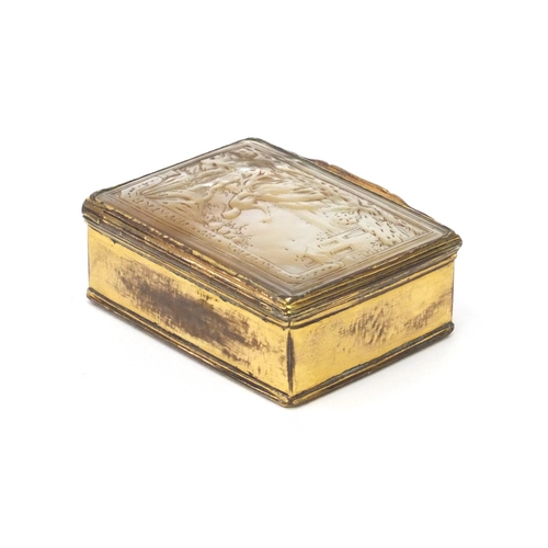 113 - Brass and abalone mother of pearl snuff box, the lid decorated with a figure seated beside a tree, 6... 