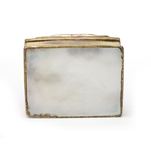 113 - Brass and abalone mother of pearl snuff box, the lid decorated with a figure seated beside a tree, 6... 