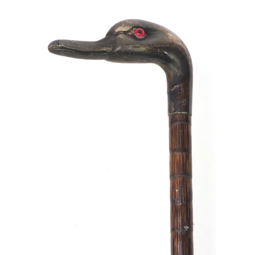 80 - Bamboo parasol with silver top in the form of a duck's head, with beaded eyes, indistinct Sheffield ... 