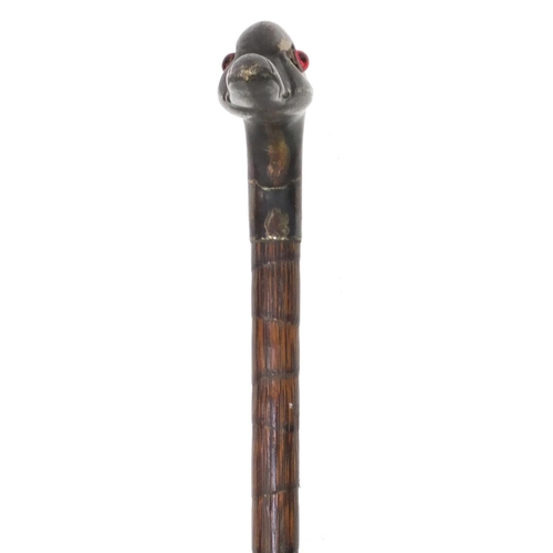 80 - Bamboo parasol with silver top in the form of a duck's head, with beaded eyes, indistinct Sheffield ... 