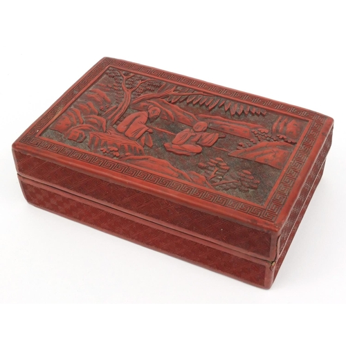 650 - Oriental Chinese cinnabar lacquer box and cover carved with figures, 19cm wide