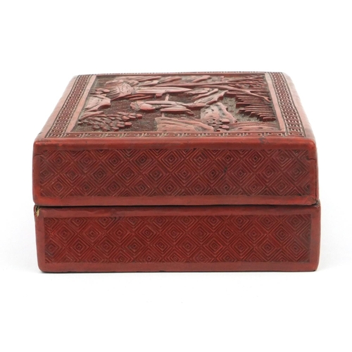 650 - Oriental Chinese cinnabar lacquer box and cover carved with figures, 19cm wide