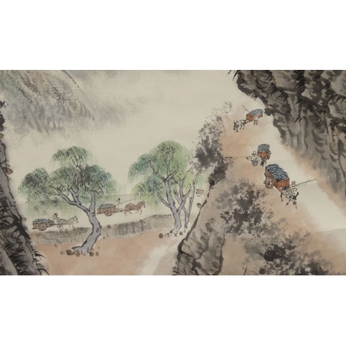 686 - Songyan Qian'Zixi Wei Chinese coloured scroll with views of figures walking up a mountain, signed an... 