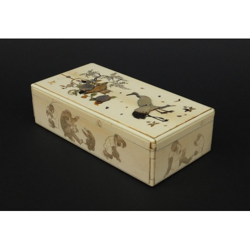 596 - Oriental Japanese ivory Shibayama box and cover, the side carved with monkeys, the top inlaid with a... 