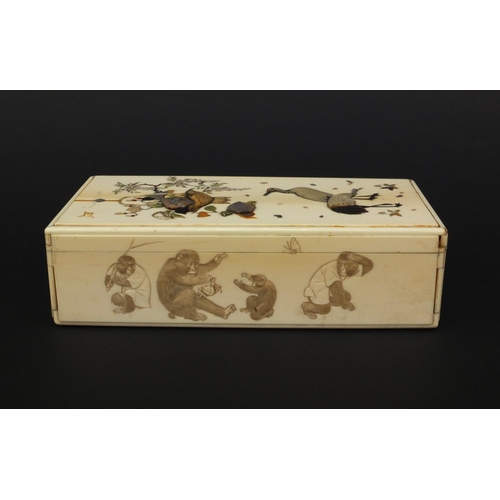 596 - Oriental Japanese ivory Shibayama box and cover, the side carved with monkeys, the top inlaid with a... 