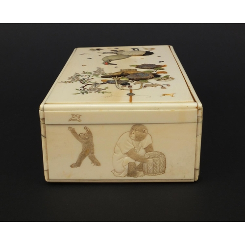 596 - Oriental Japanese ivory Shibayama box and cover, the side carved with monkeys, the top inlaid with a... 