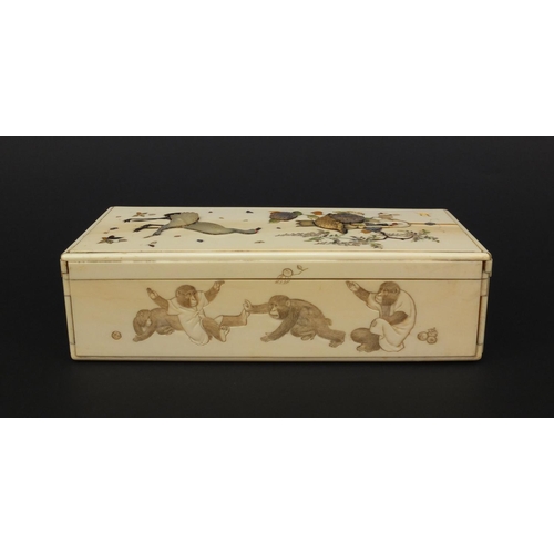 596 - Oriental Japanese ivory Shibayama box and cover, the side carved with monkeys, the top inlaid with a... 