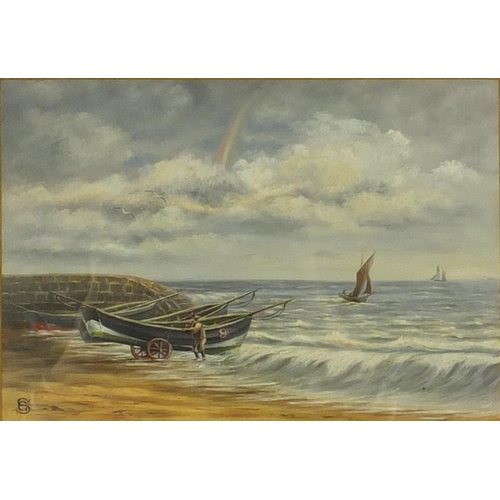 1280 - Oil onto board shoreline view of a man with moored boats before a rainbow, monogrammed SC, mounted a... 