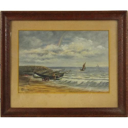 1280 - Oil onto board shoreline view of a man with moored boats before a rainbow, monogrammed SC, mounted a... 