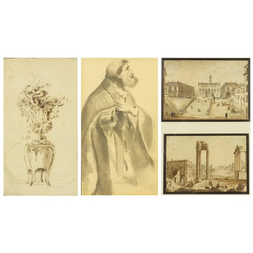 1326 - Two hand coloured prints of classical Italian scenes, together with two watercolours - one of a bear... 