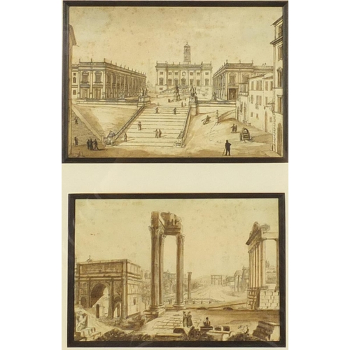 1326 - Two hand coloured prints of classical Italian scenes, together with two watercolours - one of a bear... 